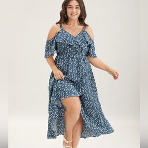 BloomChic Ditsy Floral Pocket Cold Shoulder Ruffle Dress Blue EUC Size 18-20